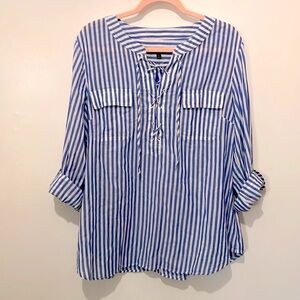 Talbots size XL blue white striped women Popover Blouse shirt Tab Sleeve Cotton